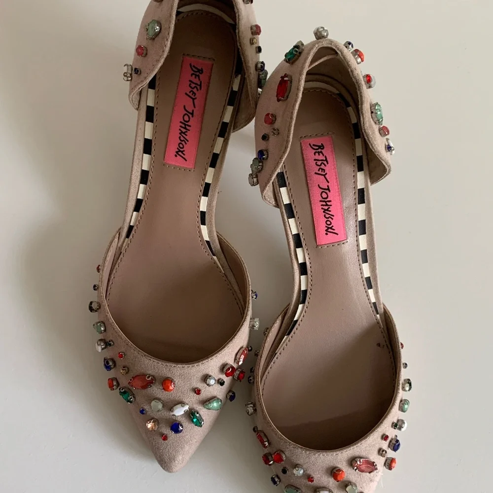 Betsey Johnson Beige Heels with Colorful Gems - Picture 1 of 10